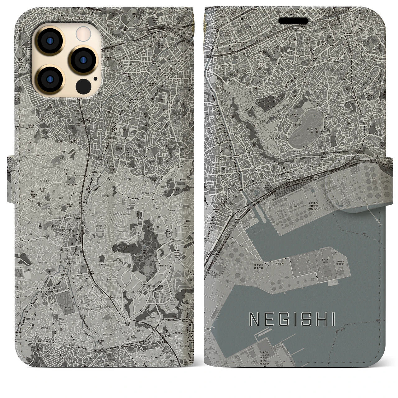【根岸(神奈川県)】地図柄iPhoneケース(手帳タイプ)モノトーン・iPhone 12 Pro Max 用