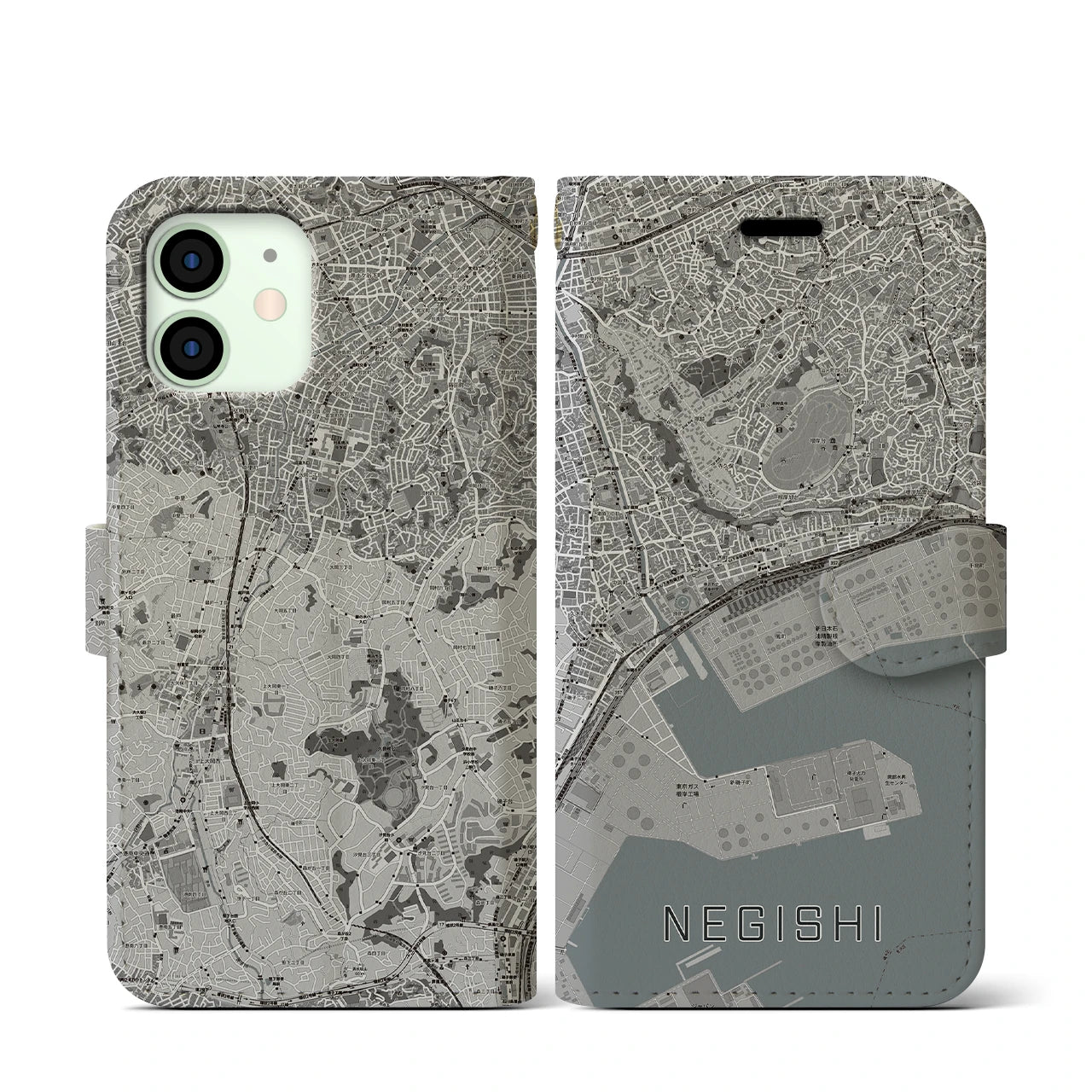 【根岸(神奈川県)】地図柄iPhoneケース(手帳タイプ)モノトーン・iPhone 12 mini 用