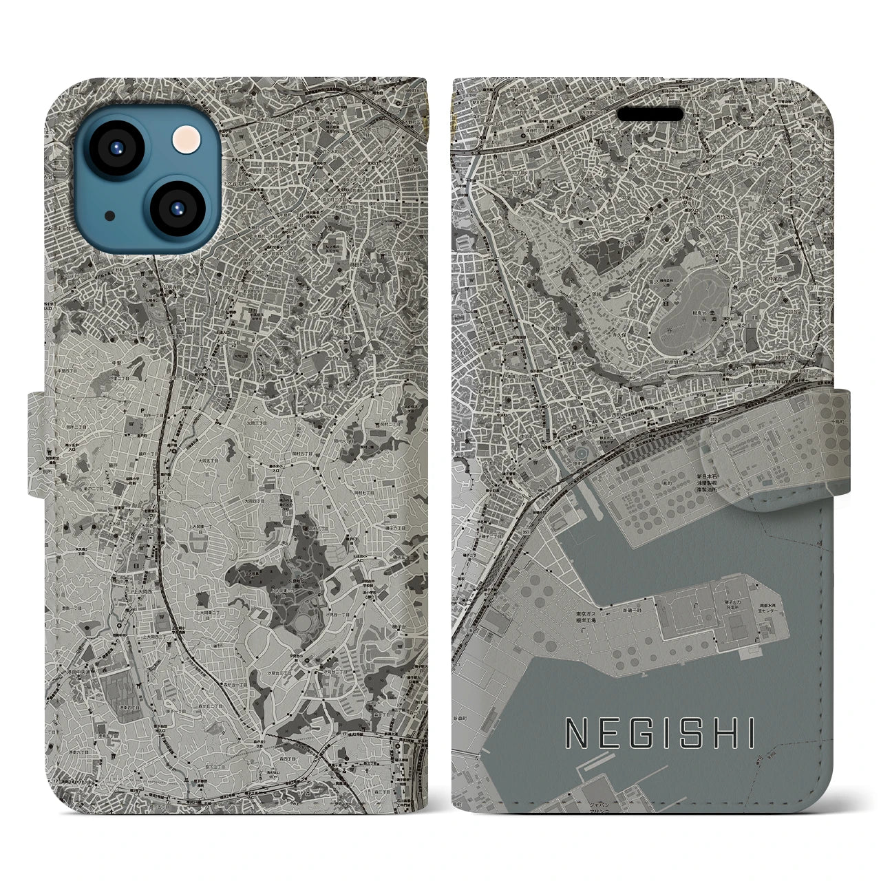 【根岸(神奈川県)】地図柄iPhoneケース(手帳タイプ)モノトーン・iPhone 13 用