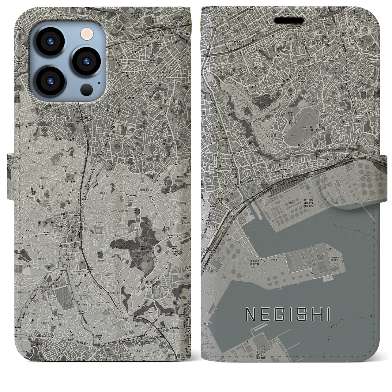 【根岸(神奈川県)】地図柄iPhoneケース(手帳タイプ)モノトーン・iPhone 13 Pro Max 用