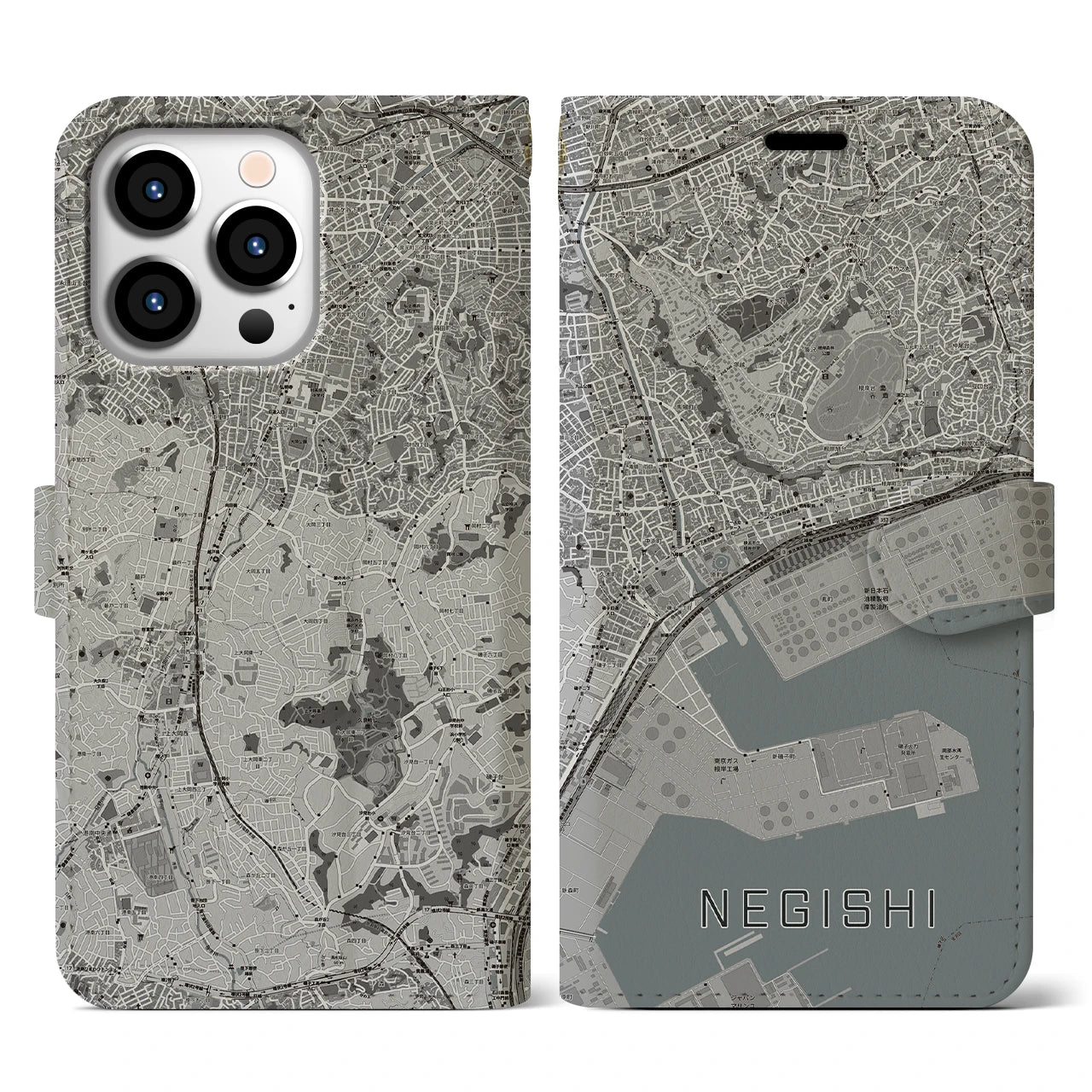 【根岸(神奈川県)】地図柄iPhoneケース(手帳タイプ)モノトーン・iPhone 13 Pro 用