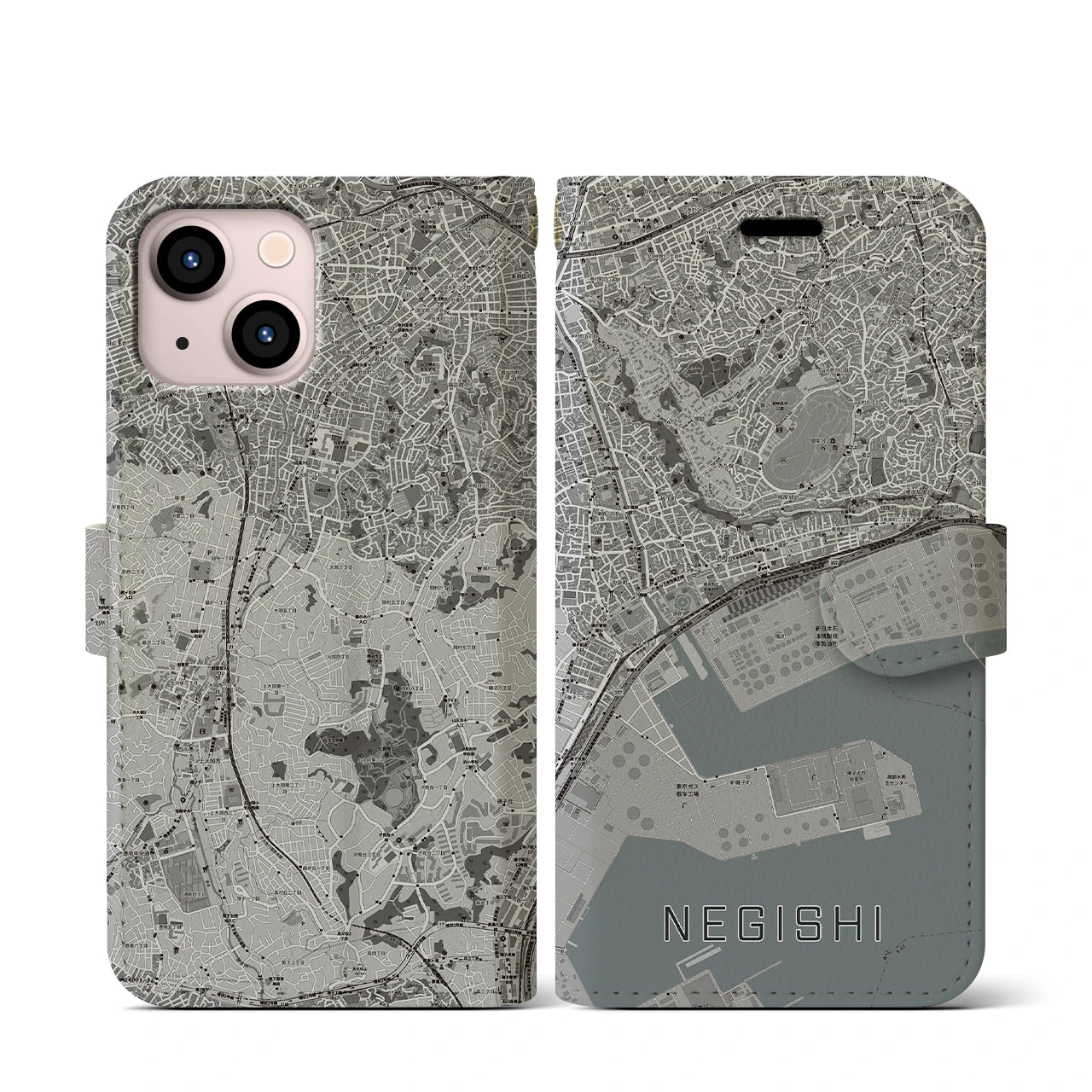 【根岸(神奈川県)】地図柄iPhoneケース(手帳タイプ)モノトーン・iPhone 13 mini 用