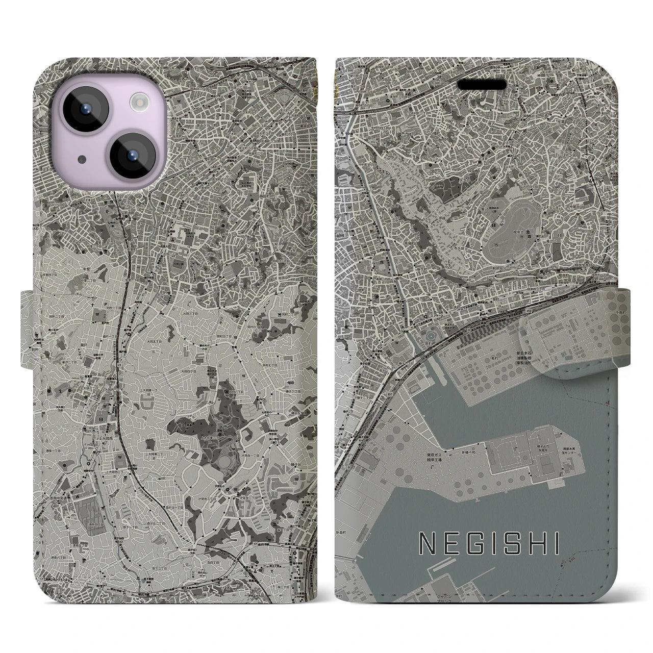 【根岸(神奈川県)】地図柄iPhoneケース(手帳タイプ)モノトーン・iPhone 14 用