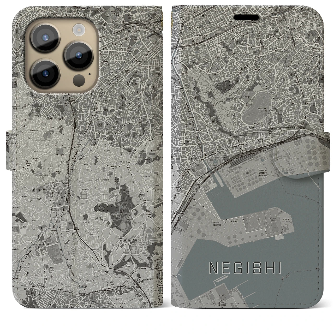 【根岸(神奈川県)】地図柄iPhoneケース(手帳タイプ)モノトーン・iPhone 14 Pro Max 用