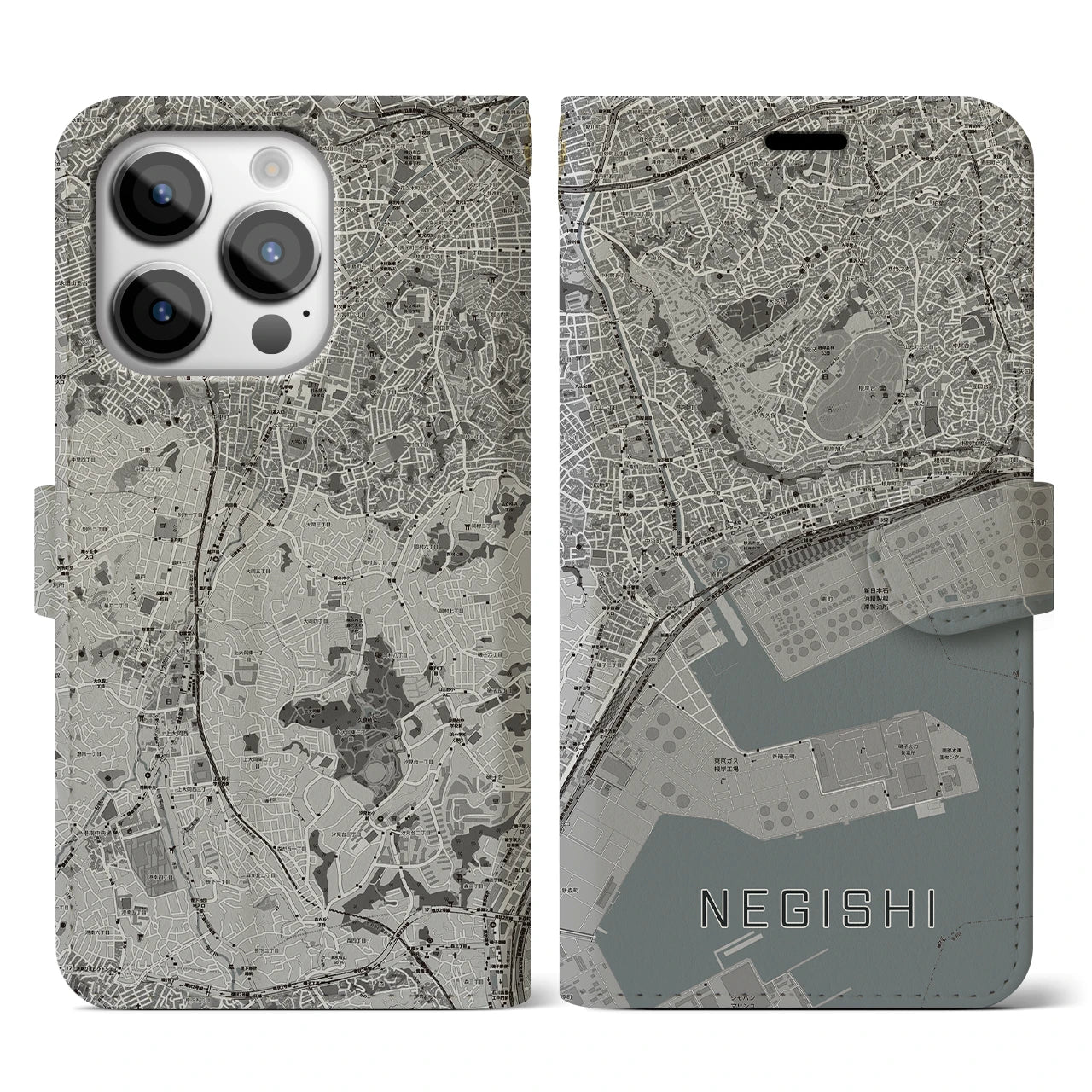 【根岸(神奈川県)】地図柄iPhoneケース(手帳タイプ)モノトーン・iPhone 14 Pro 用