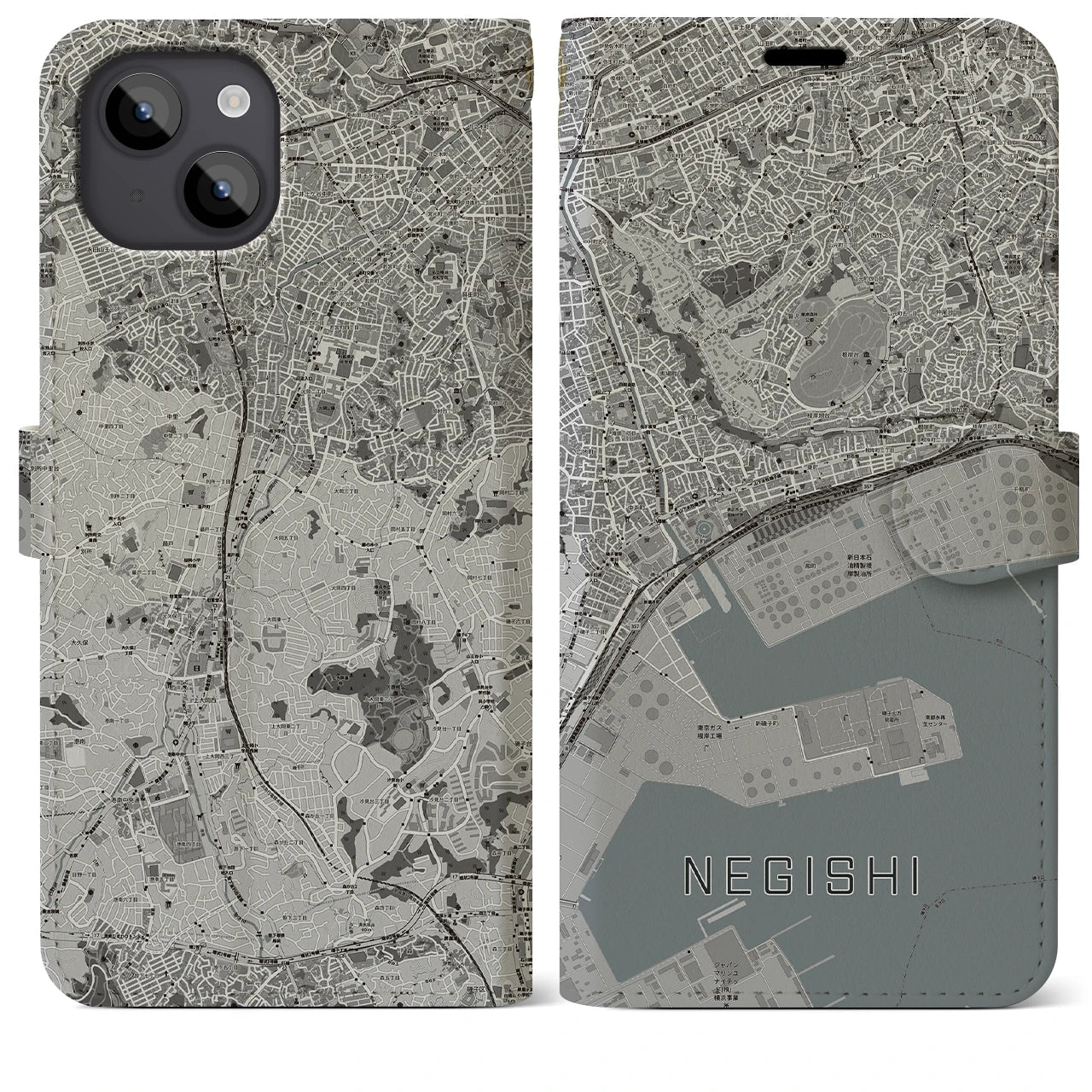 【根岸(神奈川県)】地図柄iPhoneケース(手帳タイプ)モノトーン・iPhone 14 Plus 用