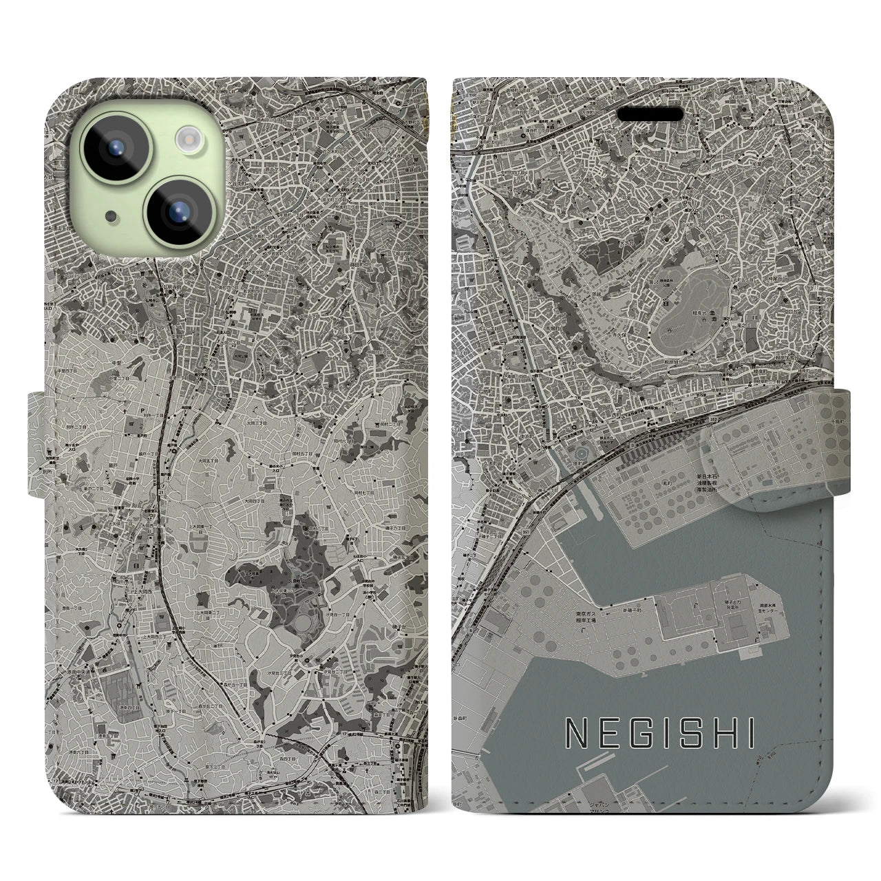 【根岸(神奈川県)】地図柄iPhoneケース(手帳タイプ)モノトーン・iPhone 15 用