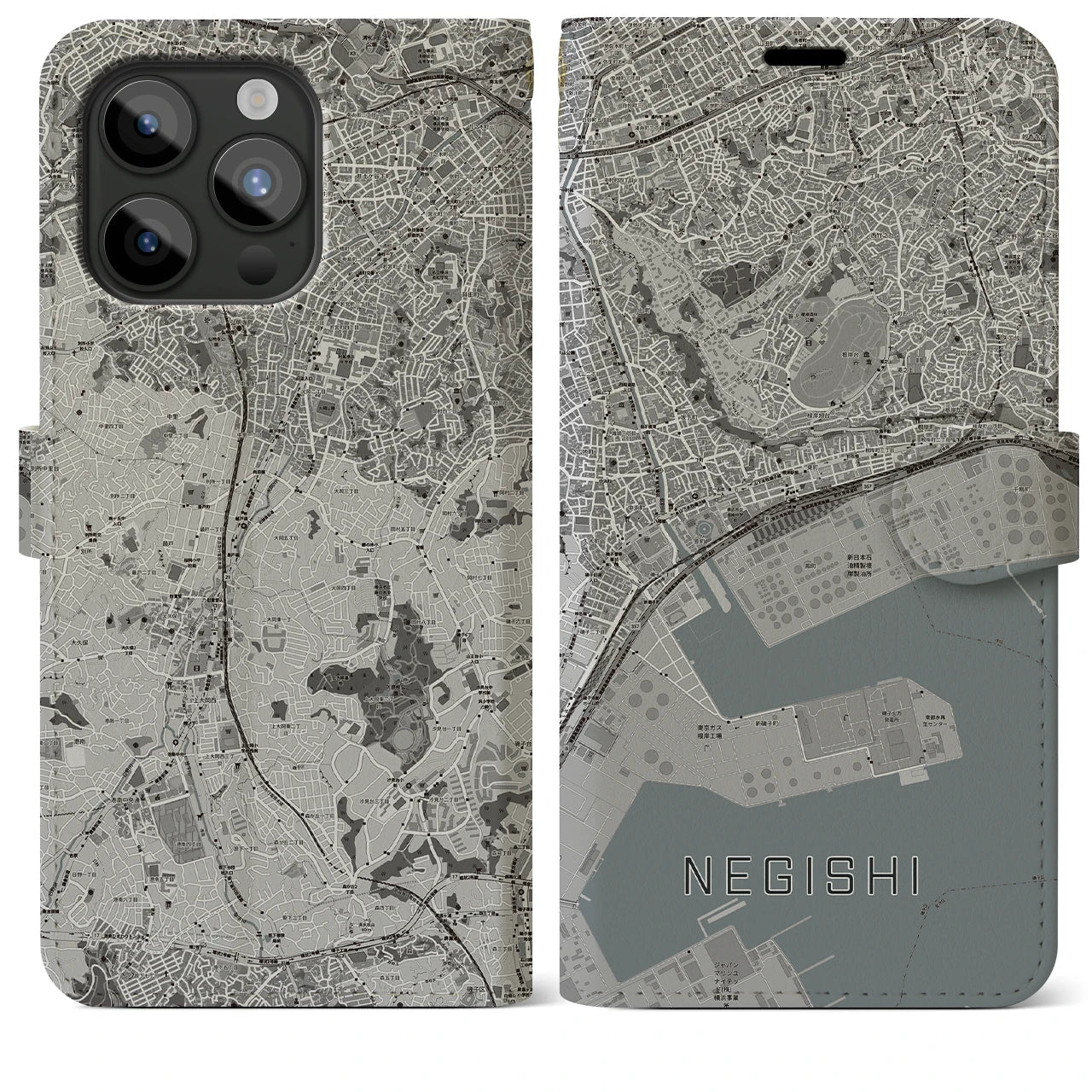 【根岸(神奈川県)】地図柄iPhoneケース(手帳タイプ)モノトーン・iPhone 15 Pro Max 用