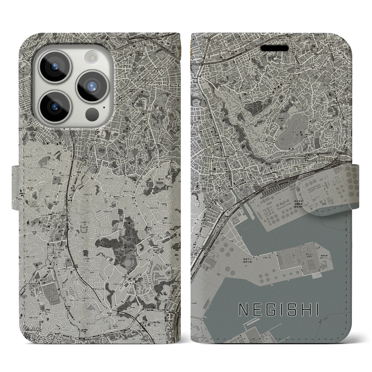 【根岸(神奈川県)】地図柄iPhoneケース(手帳タイプ)モノトーン・iPhone 15 Pro 用