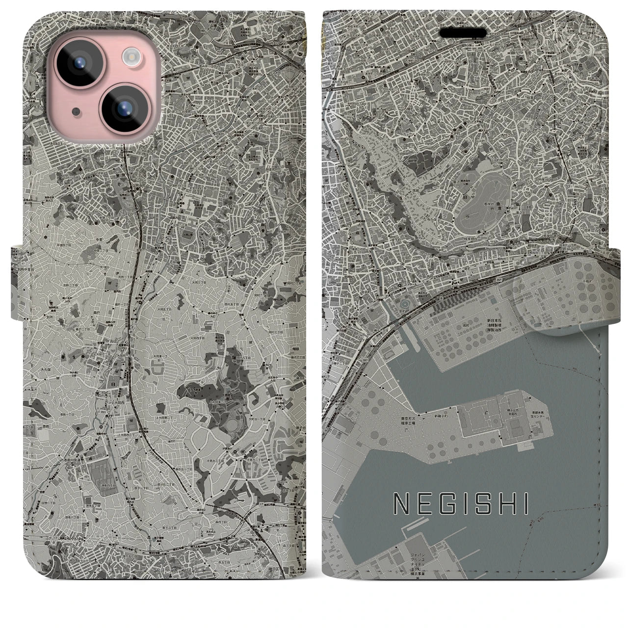 【根岸(神奈川県)】地図柄iPhoneケース(手帳タイプ)モノトーン・iPhone 15 Plus 用