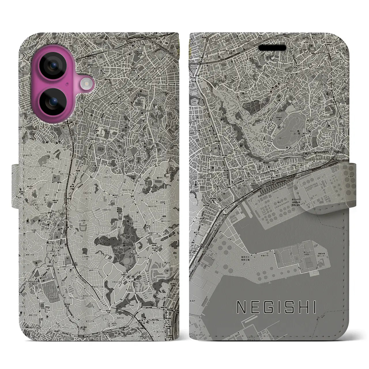 【根岸(神奈川県)】地図柄iPhoneケース(手帳タイプ)モノトーン・iPhone 16 Pro 用