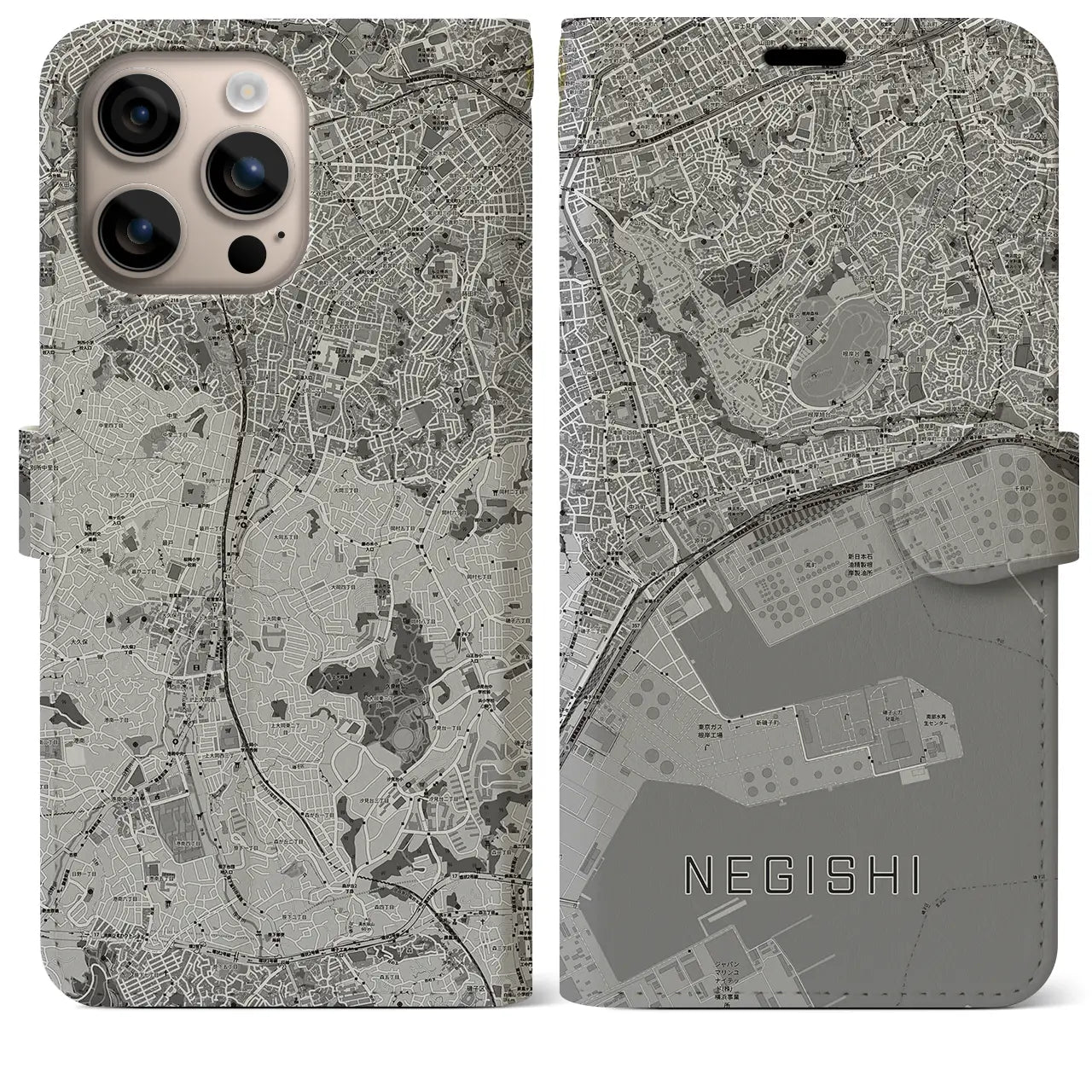 【根岸(神奈川県)】地図柄iPhoneケース(手帳タイプ)モノトーン・iPhone 16 Plus 用