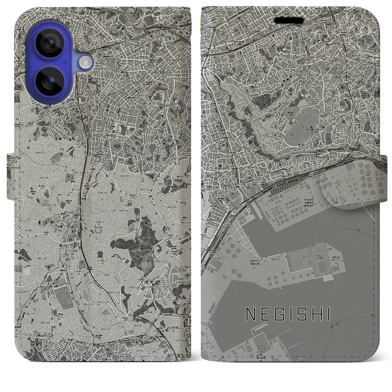 【根岸(神奈川県)】地図柄iPhoneケース(手帳タイプ)モノトーン・iPhone 16 Pro Max 用