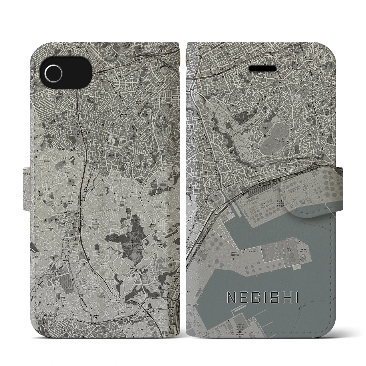 【根岸(神奈川県)】地図柄iPhoneケース(手帳タイプ)モノトーン・iPhone SE(第3 / 第2世代) / 8 / 7 / 6s / 6 用