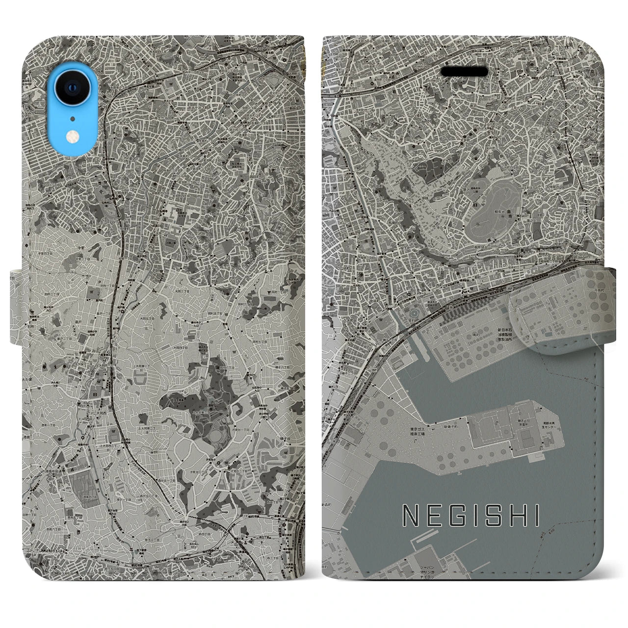 【根岸(神奈川県)】地図柄iPhoneケース(手帳タイプ)モノトーン・iPhone XR 用