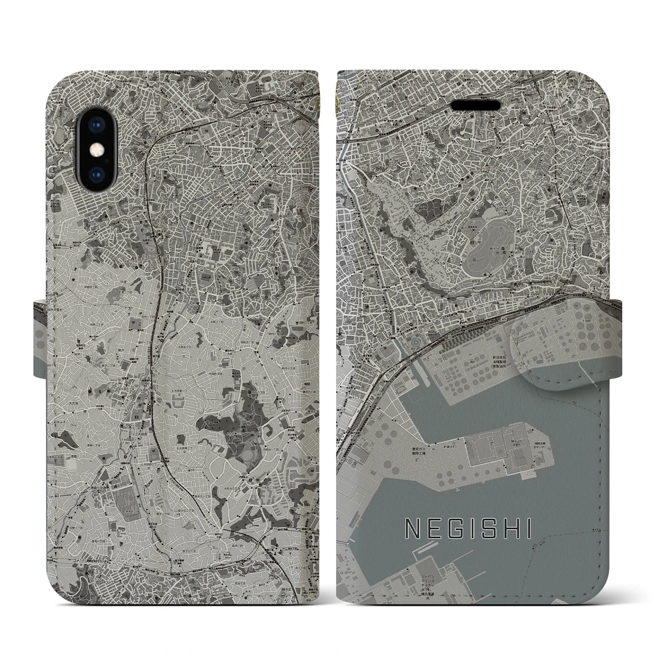 【根岸(神奈川県)】地図柄iPhoneケース(手帳タイプ)モノトーン・iPhone XS / X 用
