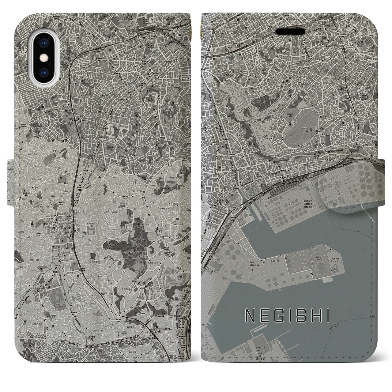 【根岸(神奈川県)】地図柄iPhoneケース(手帳タイプ)モノトーン・iPhone XS Max 用