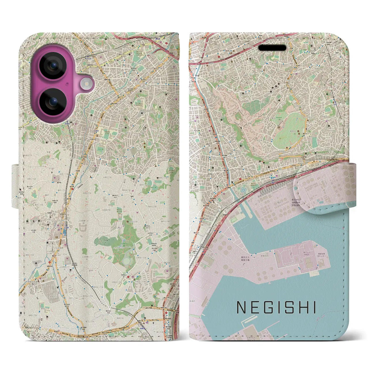 【根岸(神奈川県)】地図柄iPhoneケース(手帳タイプ)ナチュラル・iPhone 16 Pro 用