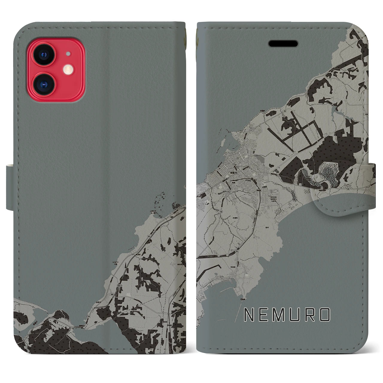 【根室(北海道)】地図柄iPhoneケース(手帳タイプ)モノトーン・iPhone 11 用