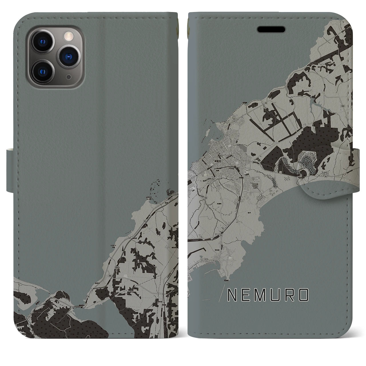 【根室(北海道)】地図柄iPhoneケース(手帳タイプ)モノトーン・iPhone 11 Pro Max 用
