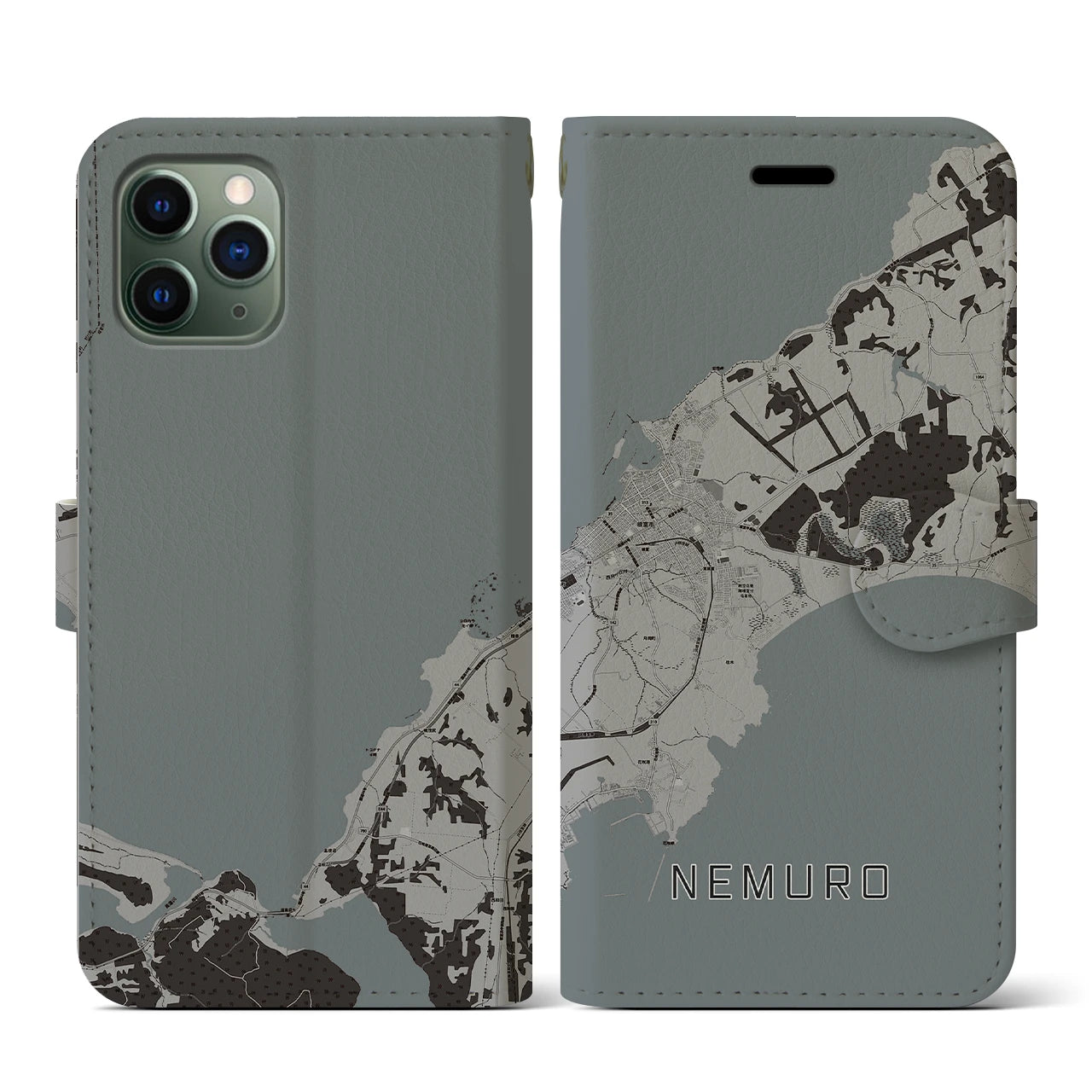 【根室(北海道)】地図柄iPhoneケース(手帳タイプ)モノトーン・iPhone 11 Pro 用