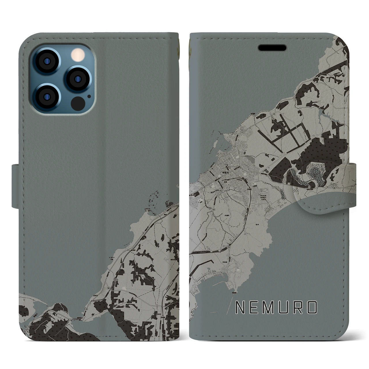 【根室(北海道)】地図柄iPhoneケース(手帳タイプ)モノトーン・iPhone 12 / 12 Pro 用