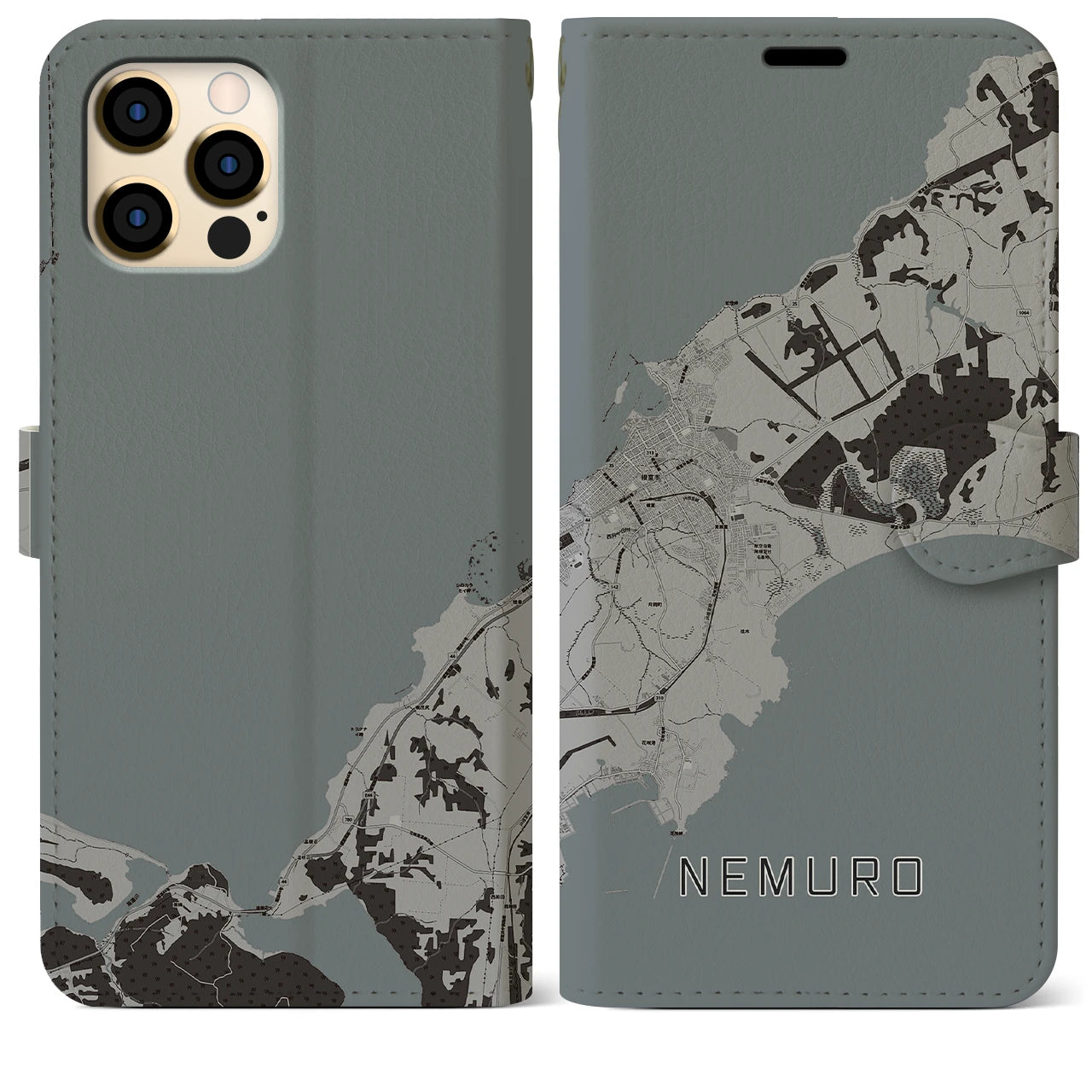【根室(北海道)】地図柄iPhoneケース(手帳タイプ)モノトーン・iPhone 12 Pro Max 用
