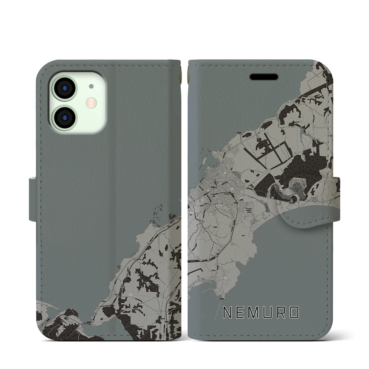 【根室(北海道)】地図柄iPhoneケース(手帳タイプ)モノトーン・iPhone 12 mini 用