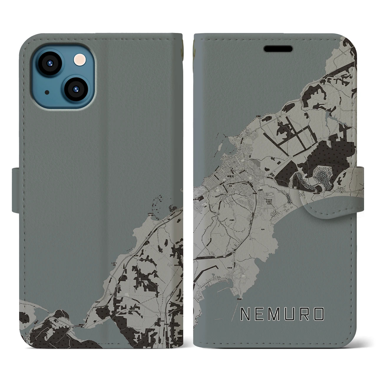 【根室(北海道)】地図柄iPhoneケース(手帳タイプ)モノトーン・iPhone 13 用