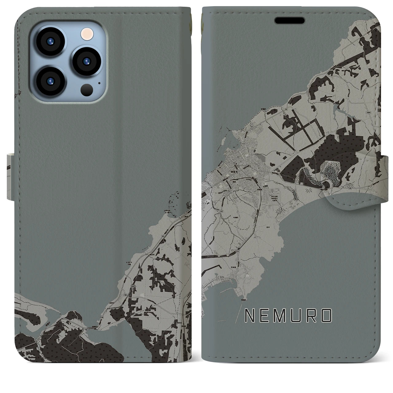 【根室(北海道)】地図柄iPhoneケース(手帳タイプ)モノトーン・iPhone 13 Pro Max 用