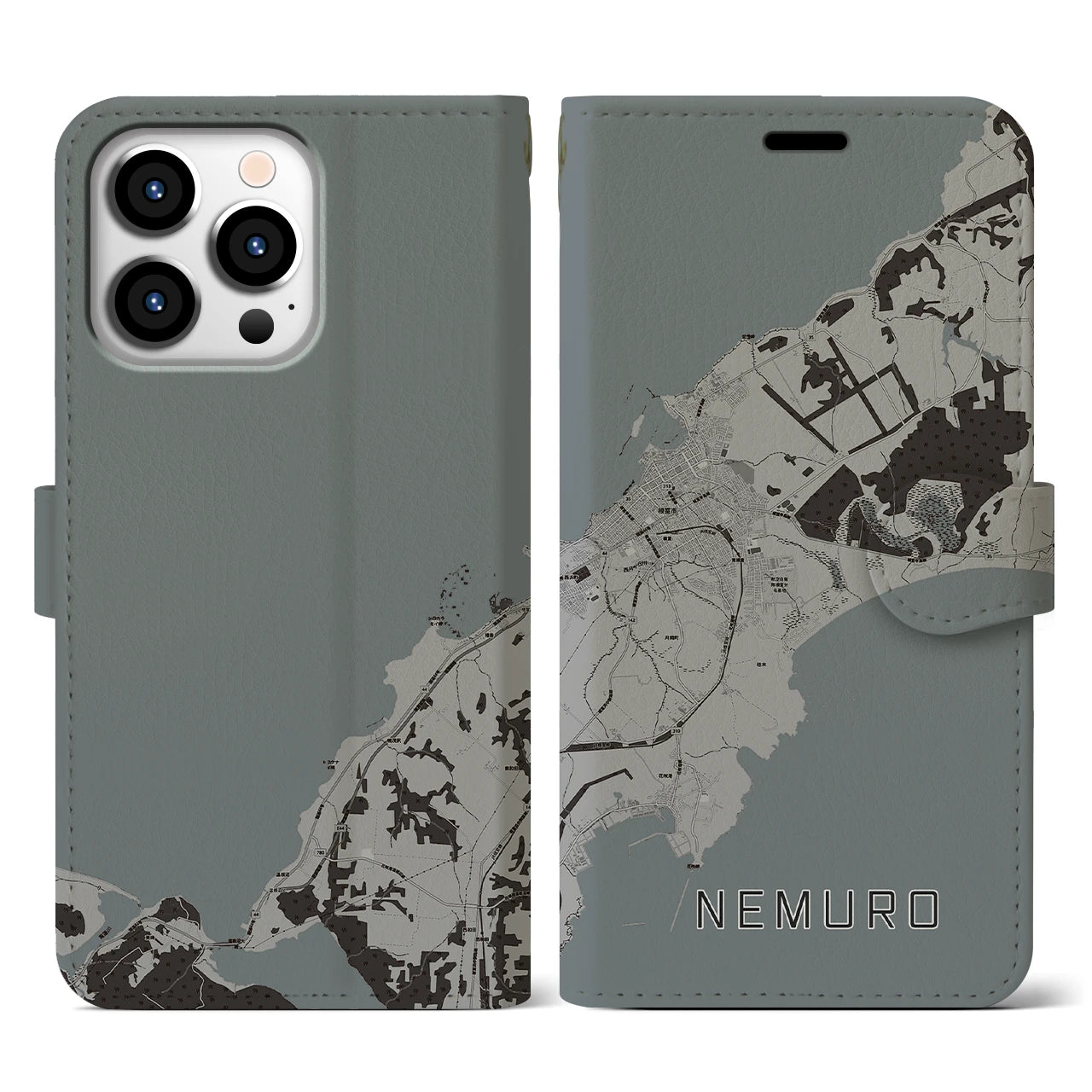 【根室(北海道)】地図柄iPhoneケース(手帳タイプ)モノトーン・iPhone 13 Pro 用