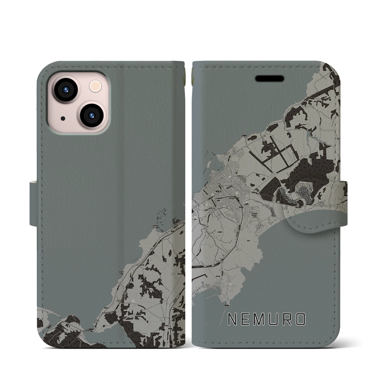 【根室(北海道)】地図柄iPhoneケース(手帳タイプ)モノトーン・iPhone 13 mini 用