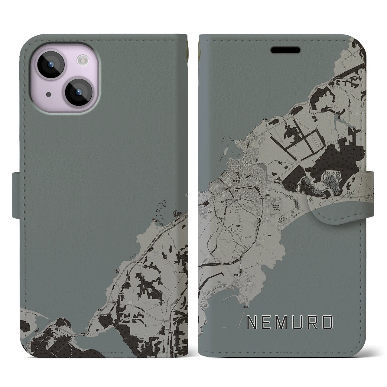 【根室(北海道)】地図柄iPhoneケース(手帳タイプ)モノトーン・iPhone 14 用