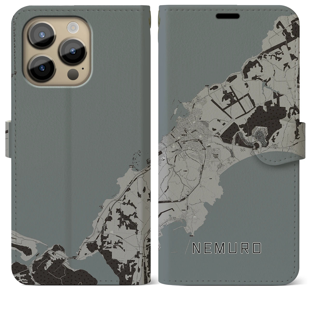 【根室(北海道)】地図柄iPhoneケース(手帳タイプ)モノトーン・iPhone 14 Pro Max 用