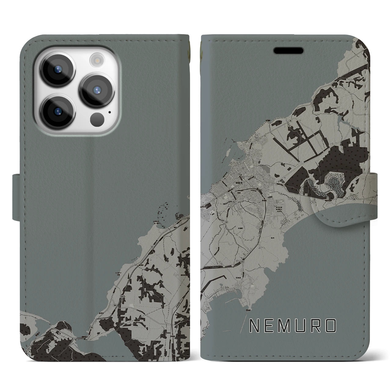 【根室(北海道)】地図柄iPhoneケース(手帳タイプ)モノトーン・iPhone 14 Pro 用