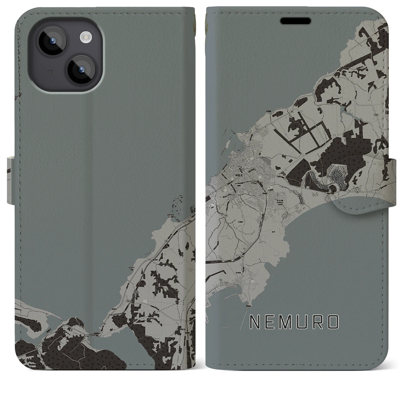 【根室(北海道)】地図柄iPhoneケース(手帳タイプ)モノトーン・iPhone 14 Plus 用