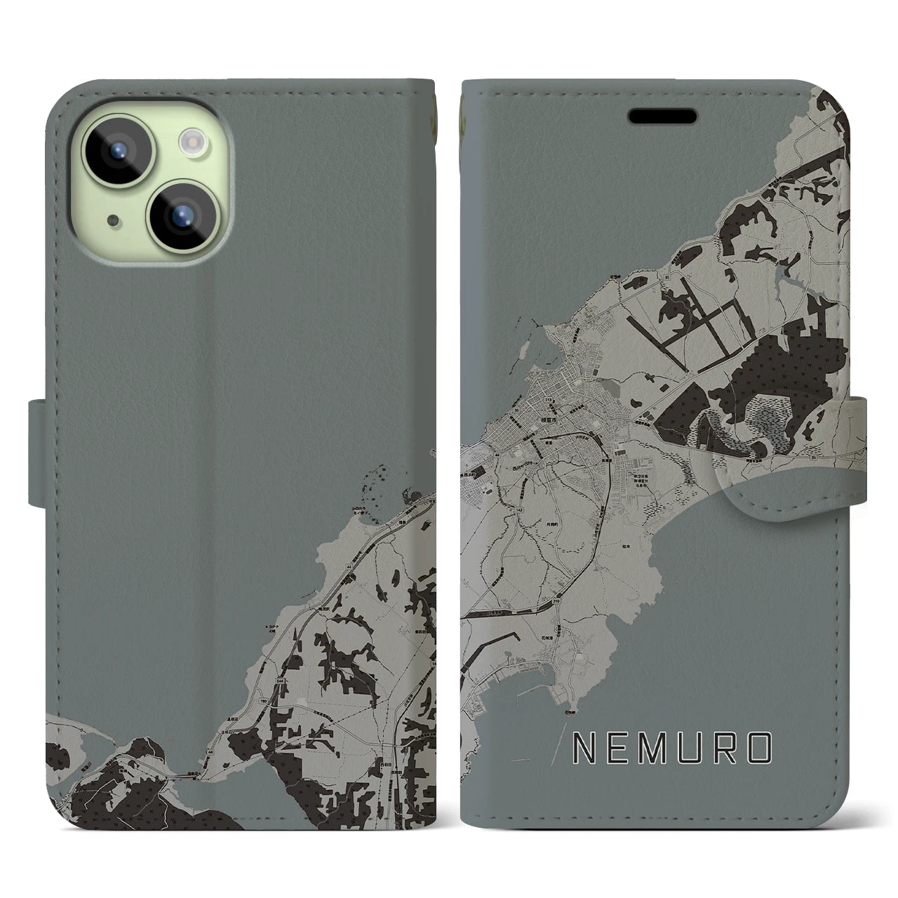 【根室(北海道)】地図柄iPhoneケース(手帳タイプ)モノトーン・iPhone 15 用