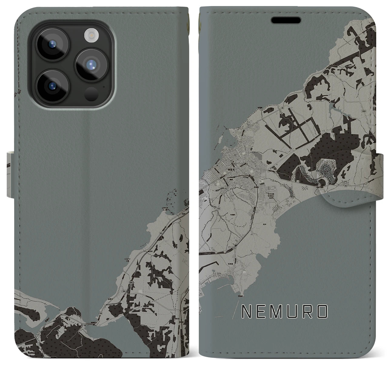 【根室(北海道)】地図柄iPhoneケース(手帳タイプ)モノトーン・iPhone 15 Pro Max 用