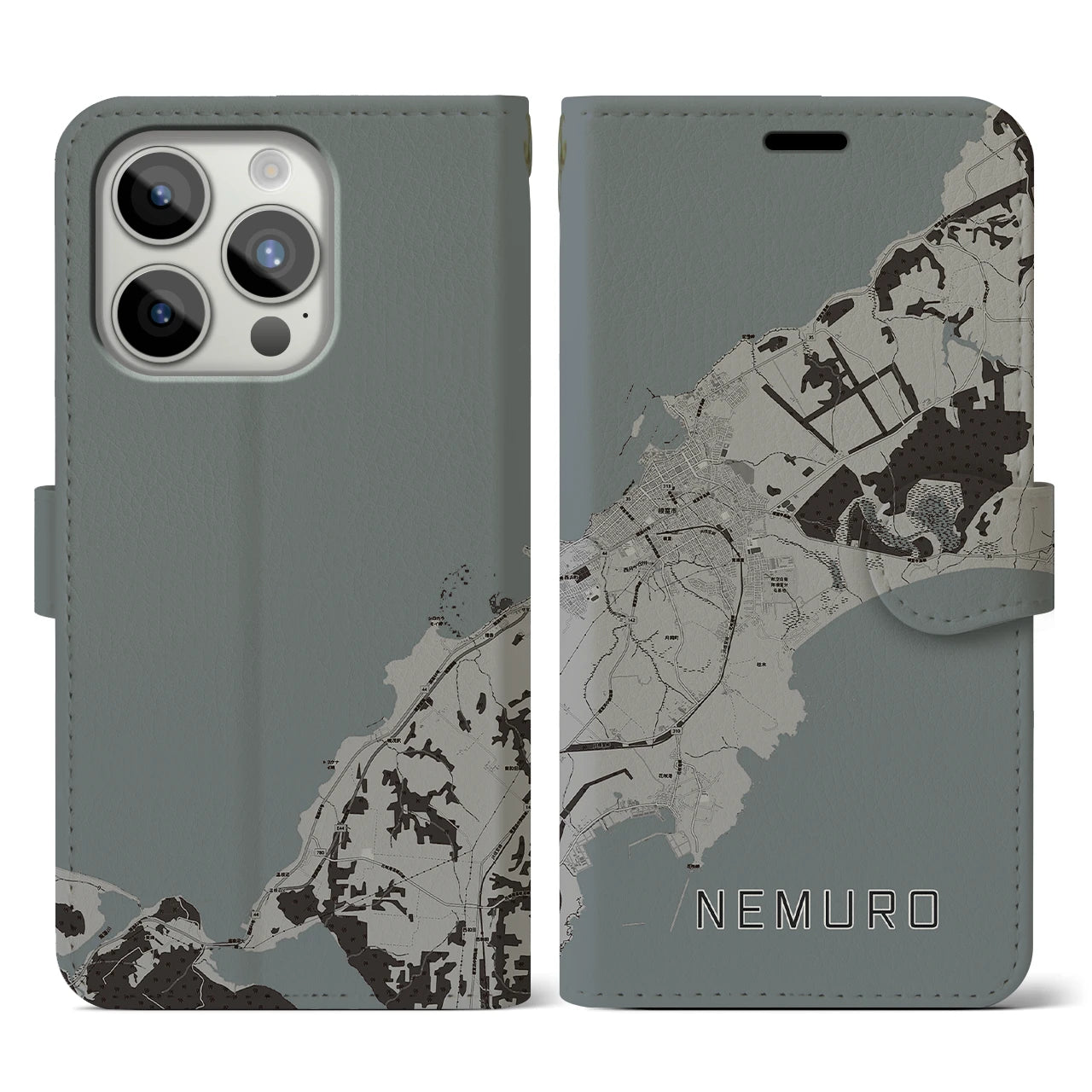 【根室(北海道)】地図柄iPhoneケース(手帳タイプ)モノトーン・iPhone 15 Pro 用