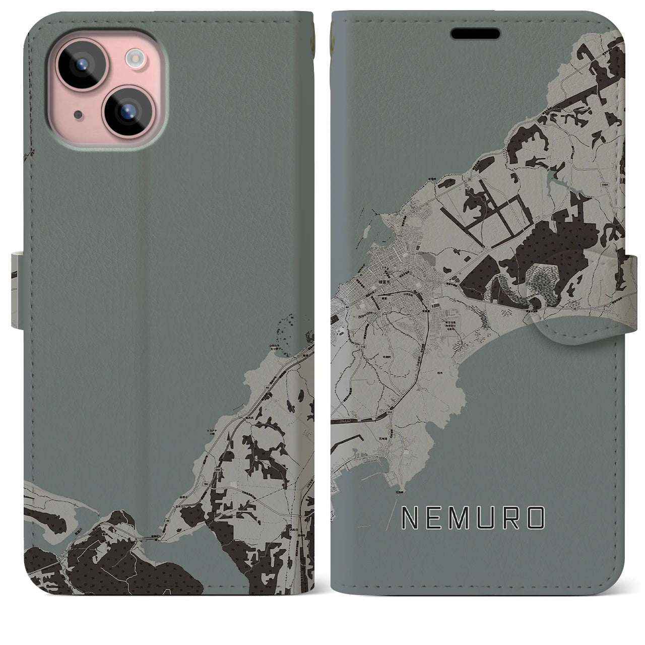 【根室(北海道)】地図柄iPhoneケース(手帳タイプ)モノトーン・iPhone 15 Plus 用