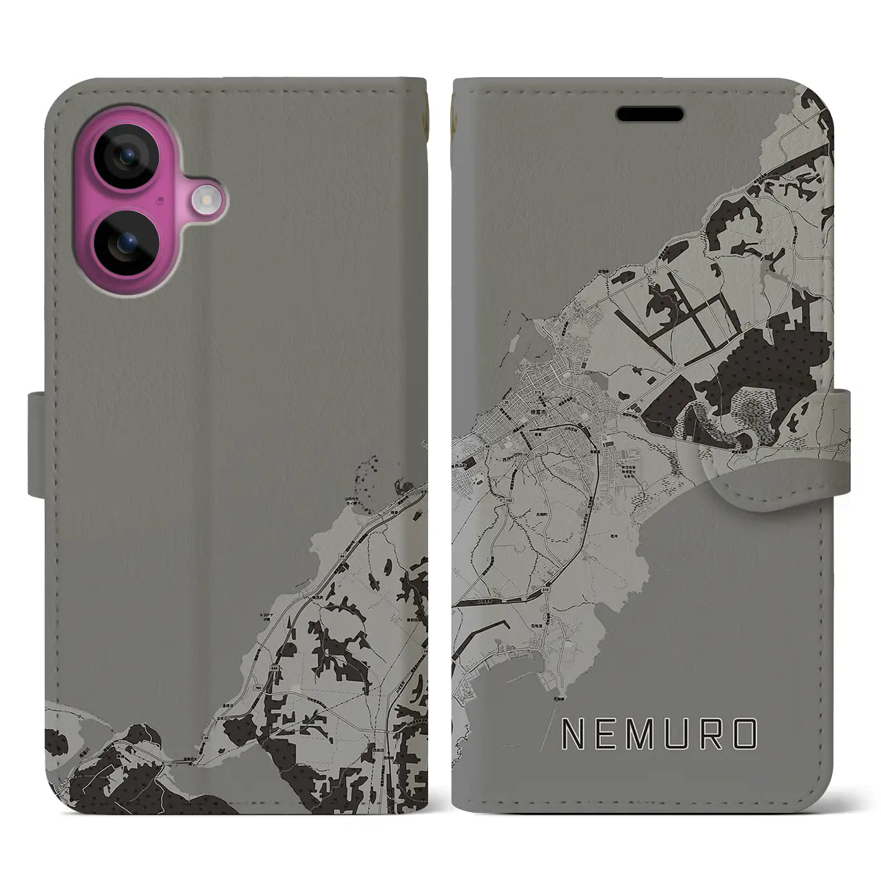 【根室(北海道)】地図柄iPhoneケース(手帳タイプ)モノトーン・iPhone 16 Pro 用