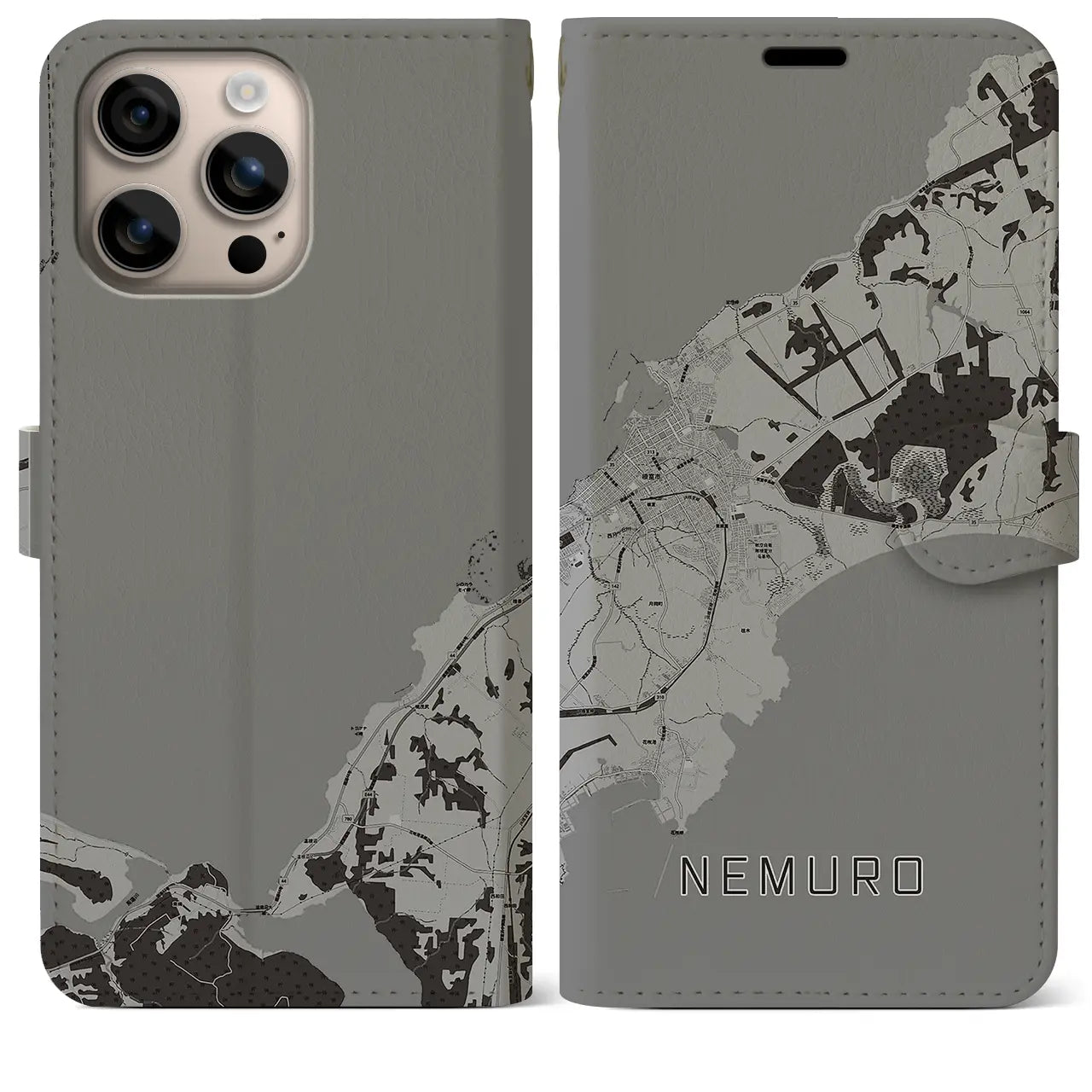 【根室(北海道)】地図柄iPhoneケース(手帳タイプ)モノトーン・iPhone 16 Plus 用