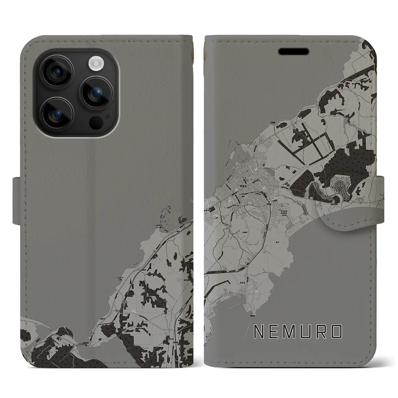 【根室(北海道)】地図柄iPhoneケース(手帳タイプ)モノトーン・iPhone 16 用