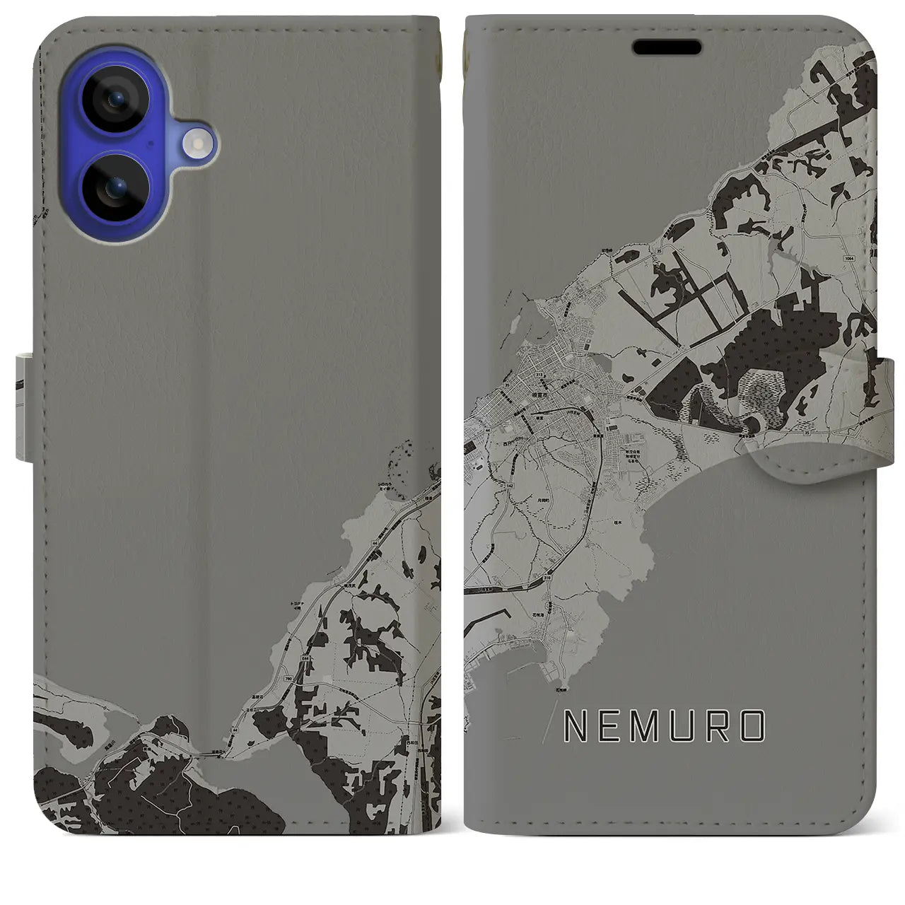 【根室(北海道)】地図柄iPhoneケース(手帳タイプ)モノトーン・iPhone 16 Pro Max 用