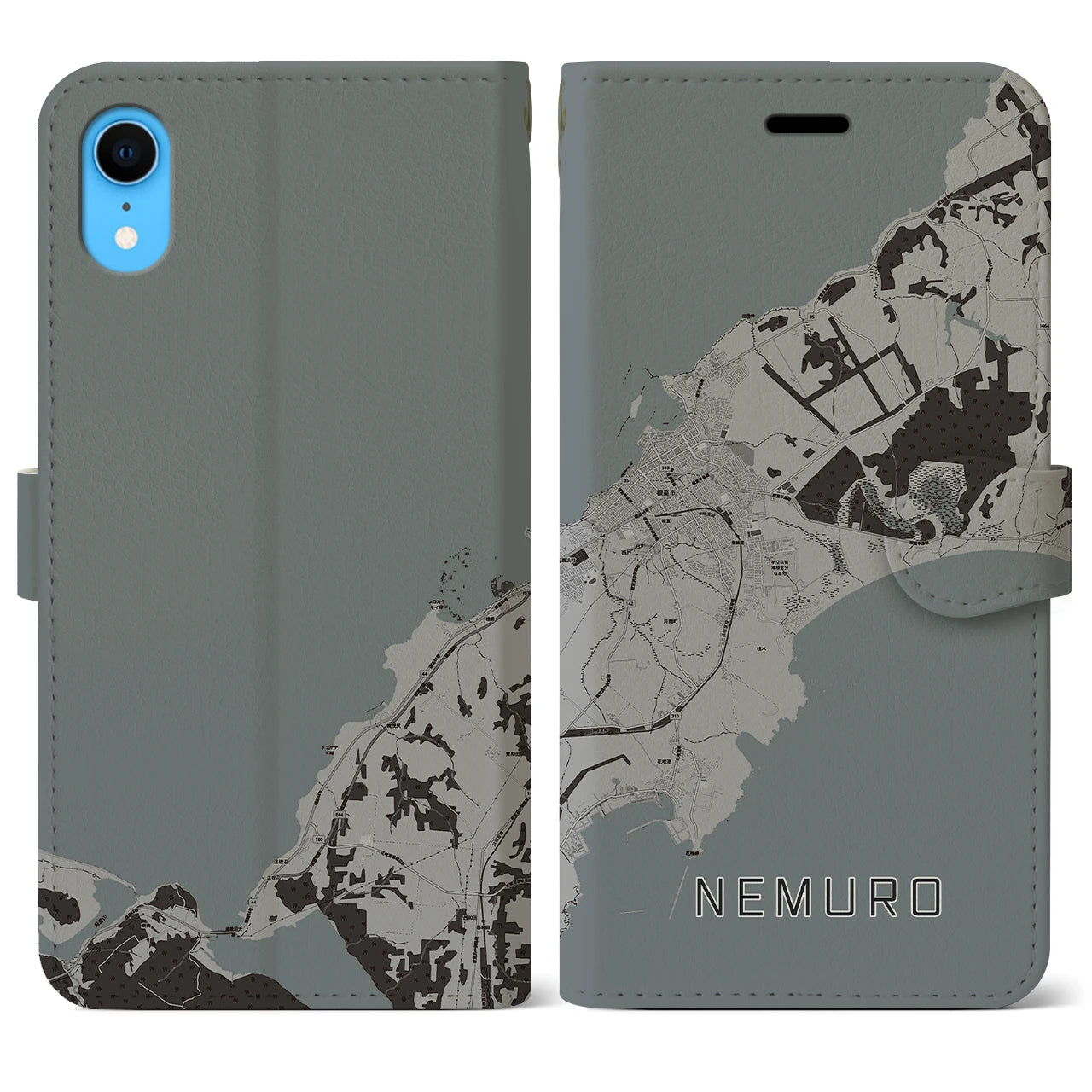 【根室(北海道)】地図柄iPhoneケース(手帳タイプ)モノトーン・iPhone XR 用