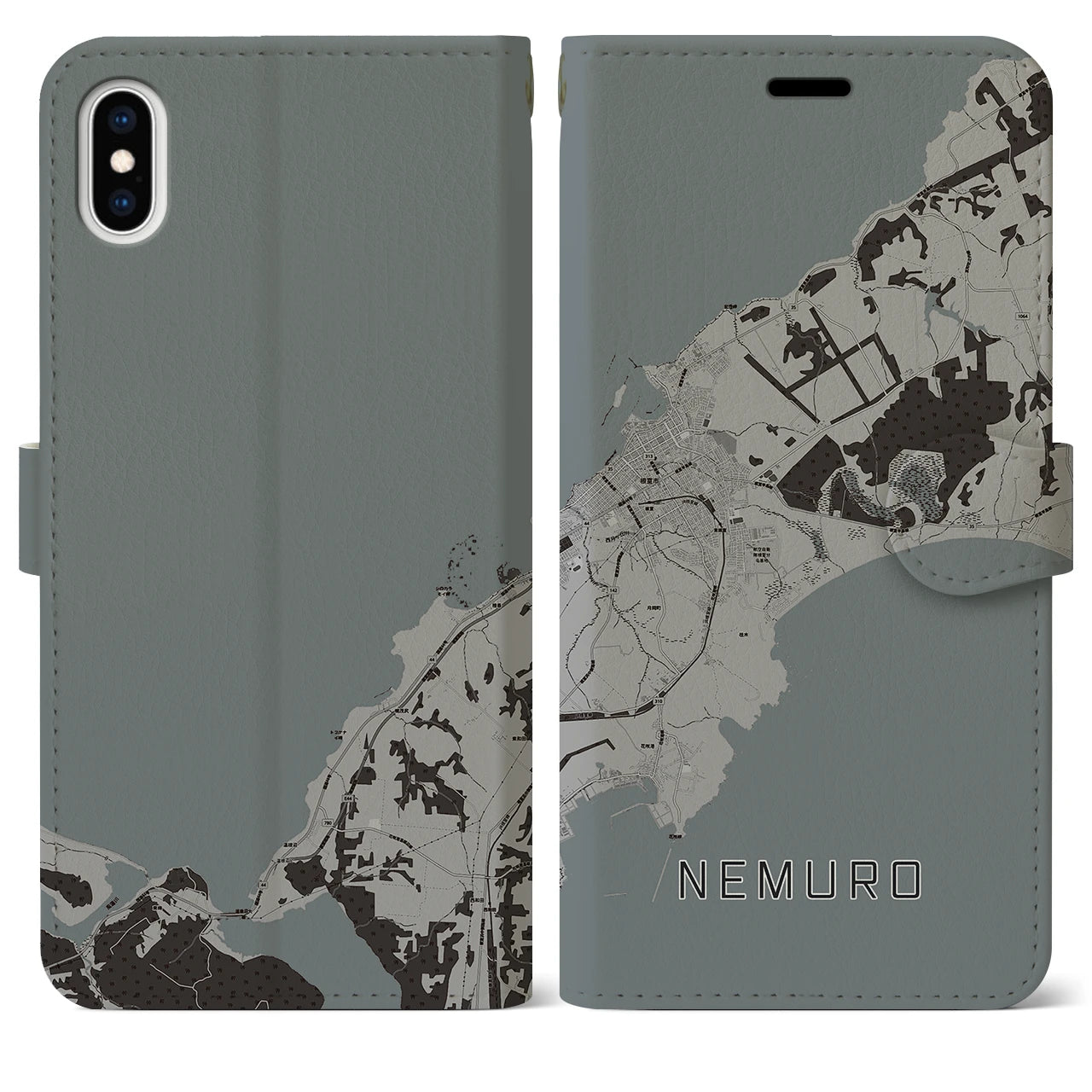 【根室(北海道)】地図柄iPhoneケース(手帳タイプ)モノトーン・iPhone XS Max 用
