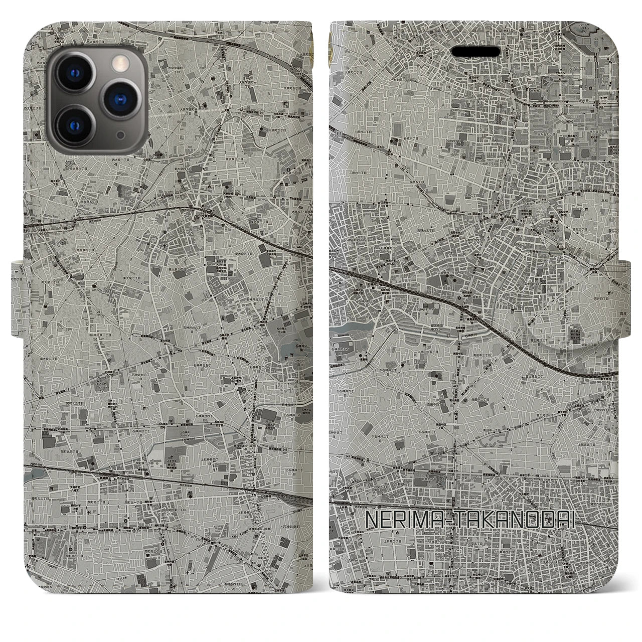 【練馬高野台(東京都)】地図柄iPhoneケース(手帳タイプ)モノトーン・iPhone 11 Pro Max 用