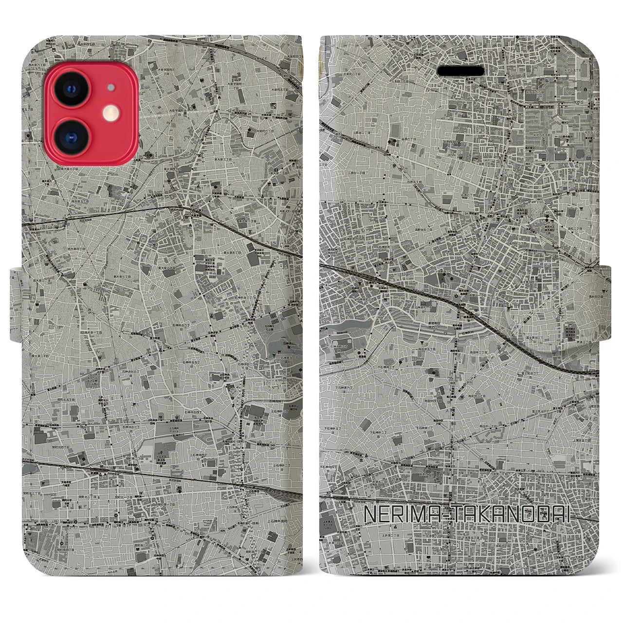 【練馬高野台(東京都)】地図柄iPhoneケース(手帳タイプ)モノトーン・iPhone 11 用