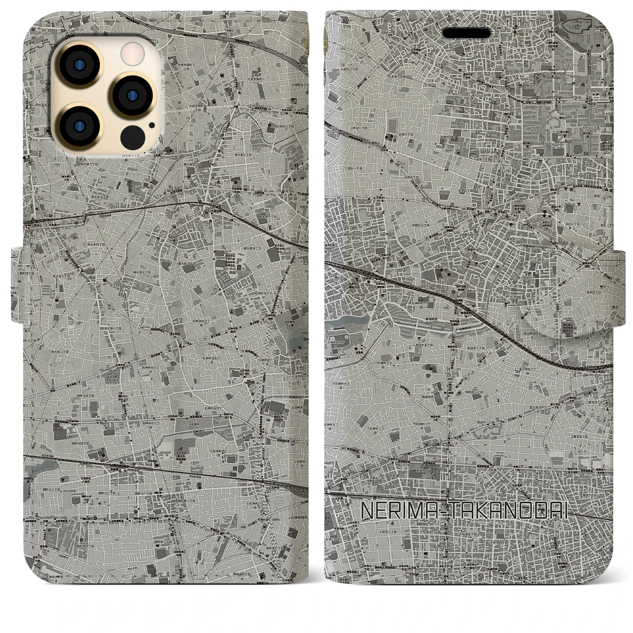 【練馬高野台(東京都)】地図柄iPhoneケース(手帳タイプ)モノトーン・iPhone 12 Pro Max 用