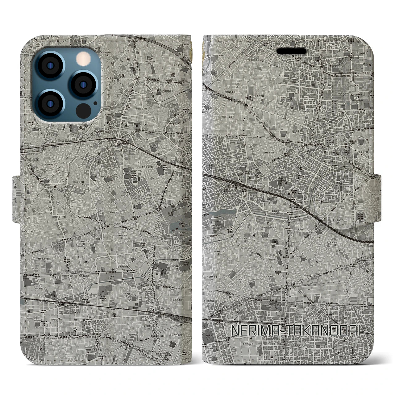 【練馬高野台(東京都)】地図柄iPhoneケース(手帳タイプ)モノトーン・iPhone 12 / 12 Pro 用